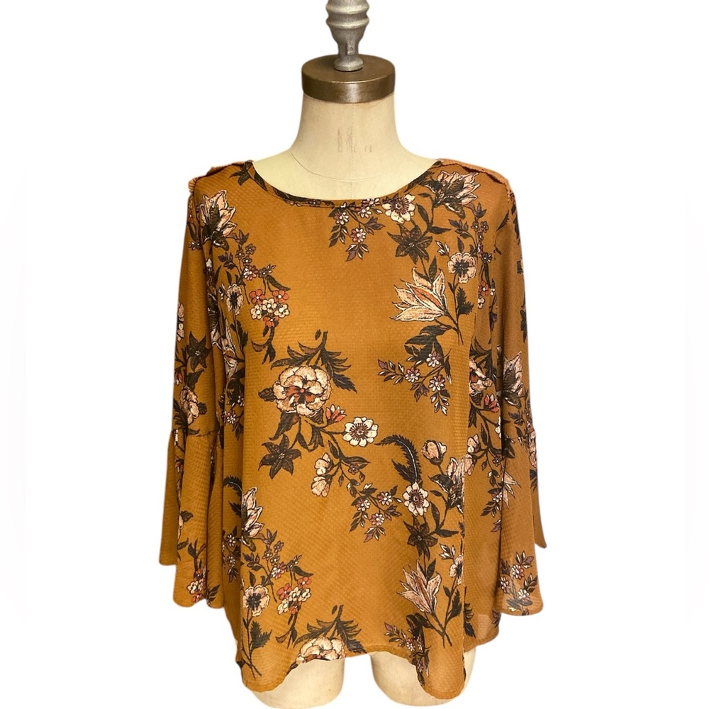 Jolt Blouse Split 3/4 Bell Sleeves Lace Trim Floral Crisscross Neck Sz Lg